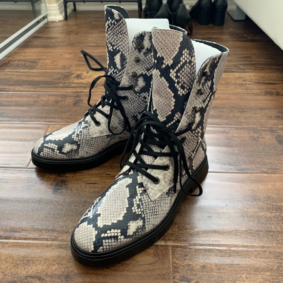Stuart Weitzman McKenzee Python-Embossed Leather Combat Boots - Picture 4 of 8
